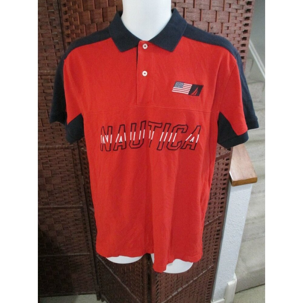 Men's Nautica Red Polo Shirt USA # 1 Spell Out Size Medium Golf Shirt